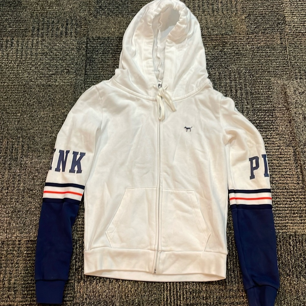 PINK XS White with blue and red stripe sleeve hooded sweatshirt